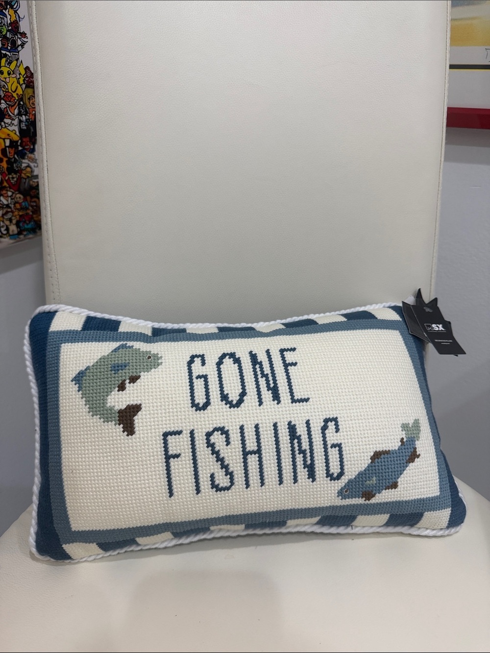 MSX "Gone Fishing" Blue/Green/White Stripes Coastal Needlepoint Accent Pillow